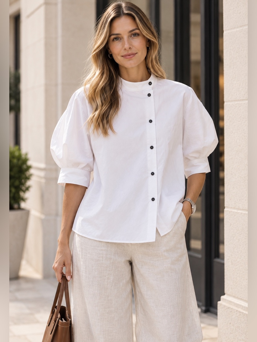 Zara White Short Puff Sleeve Button-Down Shirt with Black Buttons